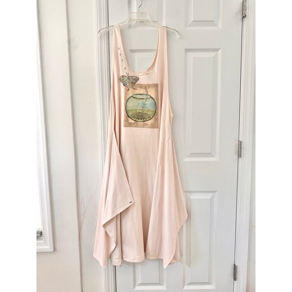 Blue Fish Beige Hand Painted Cotton Long Tank Swing Lagenlook Dress OS Butterfly - Picture 2 of 9
